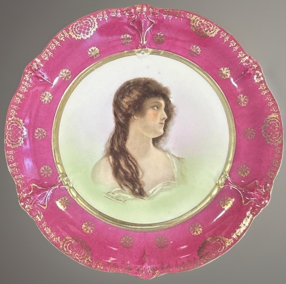 Antique Hand Painted Portrait Plate German Porcelain 12” Cabinet Plate Signed