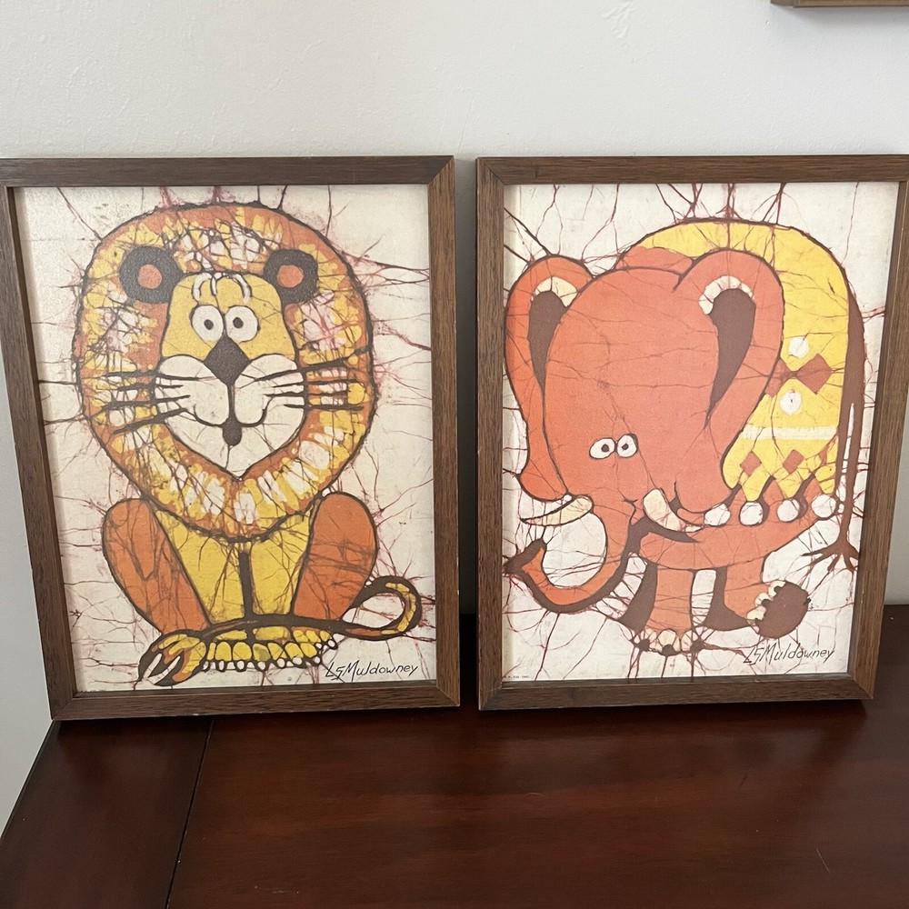 VTG Framed 1970’s MCM Set Of 2 — LS Muldowney Prints - Lion & Elephant