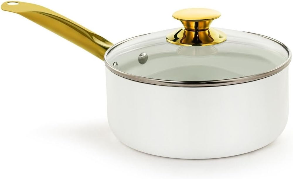 3.5QT White Ceramic Nonstick Saucepan with Lid, Gold Color and Stainless Steel