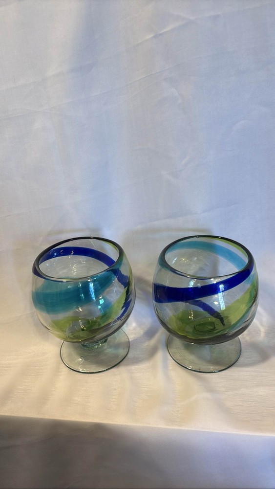 Mexican Blown Glass Set of 2 Brandy Snifters Blue Green Swirl