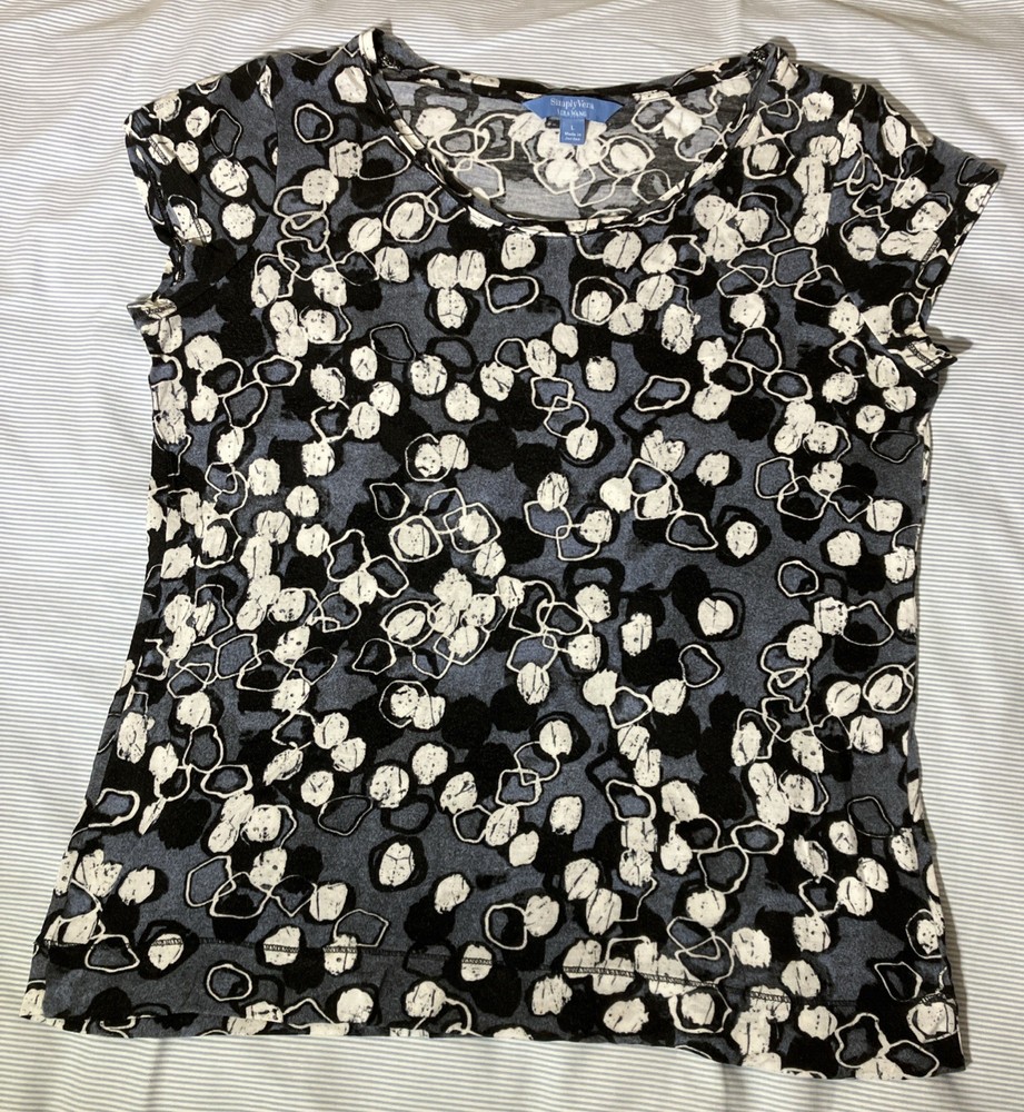 Simply Vera Wang Comfortable Stretch Sz L Cap Sleeve Blue White Jersey Top HandW