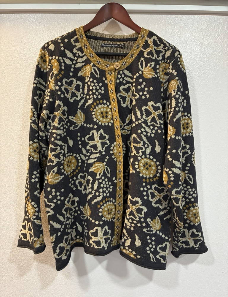 Gudrun Sjoden Womens XL Floral Knit Cardigan Sweater Button Front