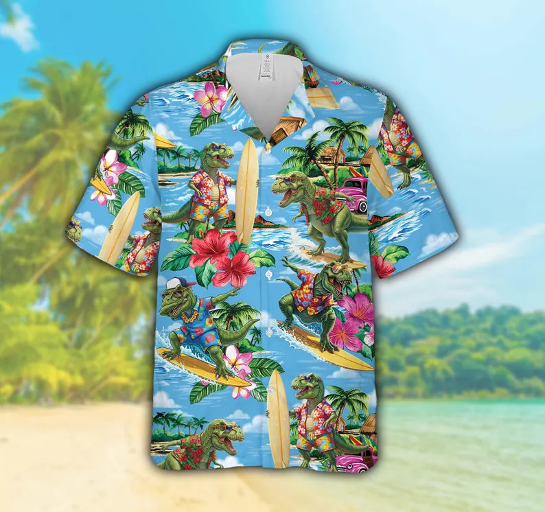 Tropical Dinosaur Surfing Hawaii Shirt Men Women Beach Aloha Summer Gift