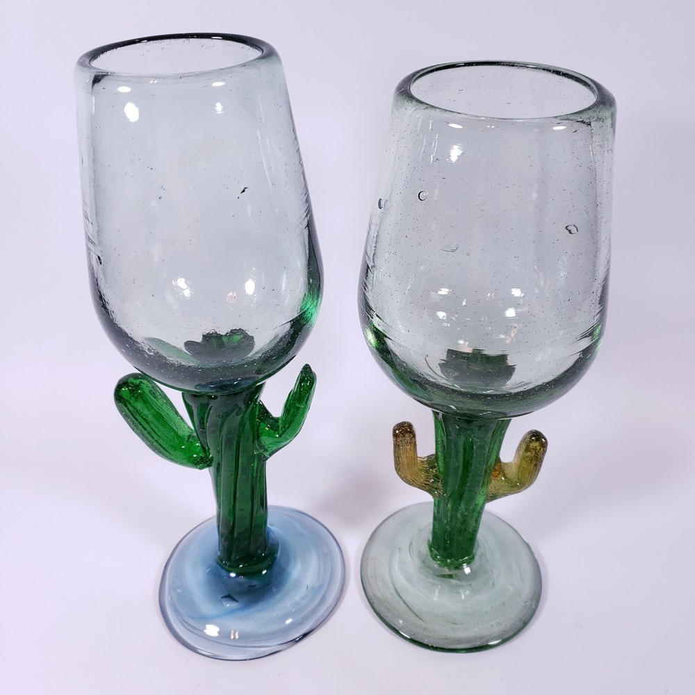 Mexican BLOWN GLASS Cactus Southwest Blue Green Yellow Wine Water GOBLET SET