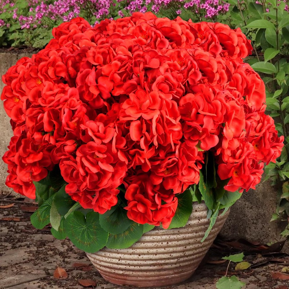6 Bundles Artificial Flowers for Outdoors, Faux Geraniums Realistic Red Christma