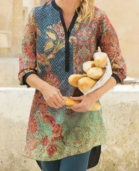 NEW Soft Surroundings Agra Long Tunic Shirt Womens XL Autumn Haze Blue Paisley