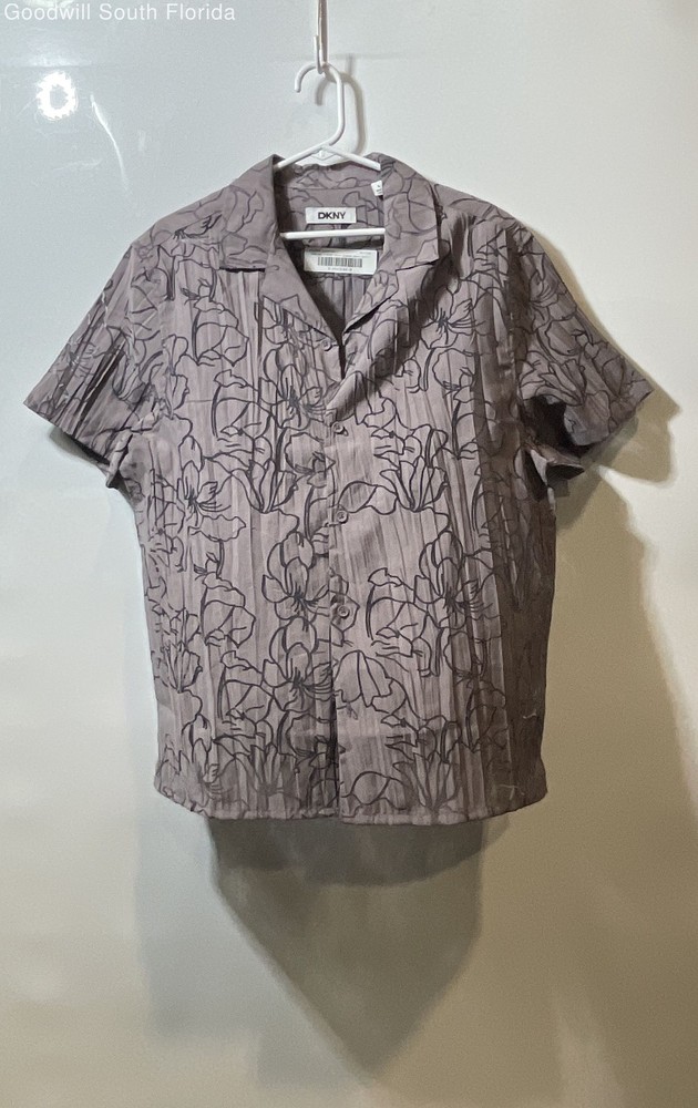 DKNY Mens Brown Floral Print Collared Short Sleeve Button-Up Shirt Size L