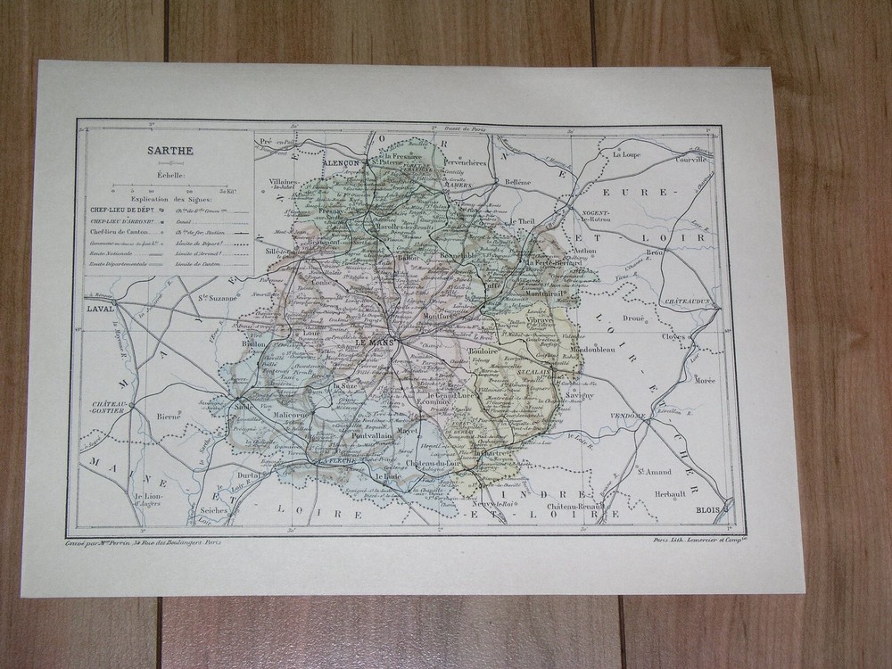 1887 Original Antique Map Of Department Of Sarthe Le Mans / France