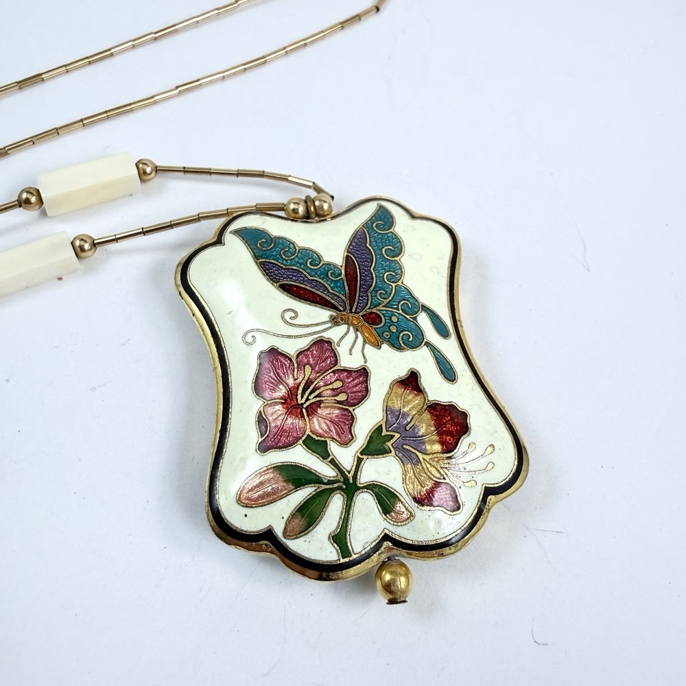 Vintage Cloisonne Enameled Butterfly Flower Beaded Pendant Necklace 26