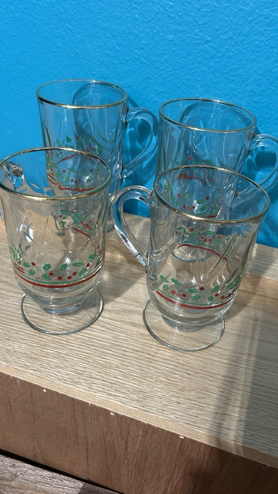 Vintage Arbys Footed Holly Christmas Irish Coffee Mugs Set Of 4