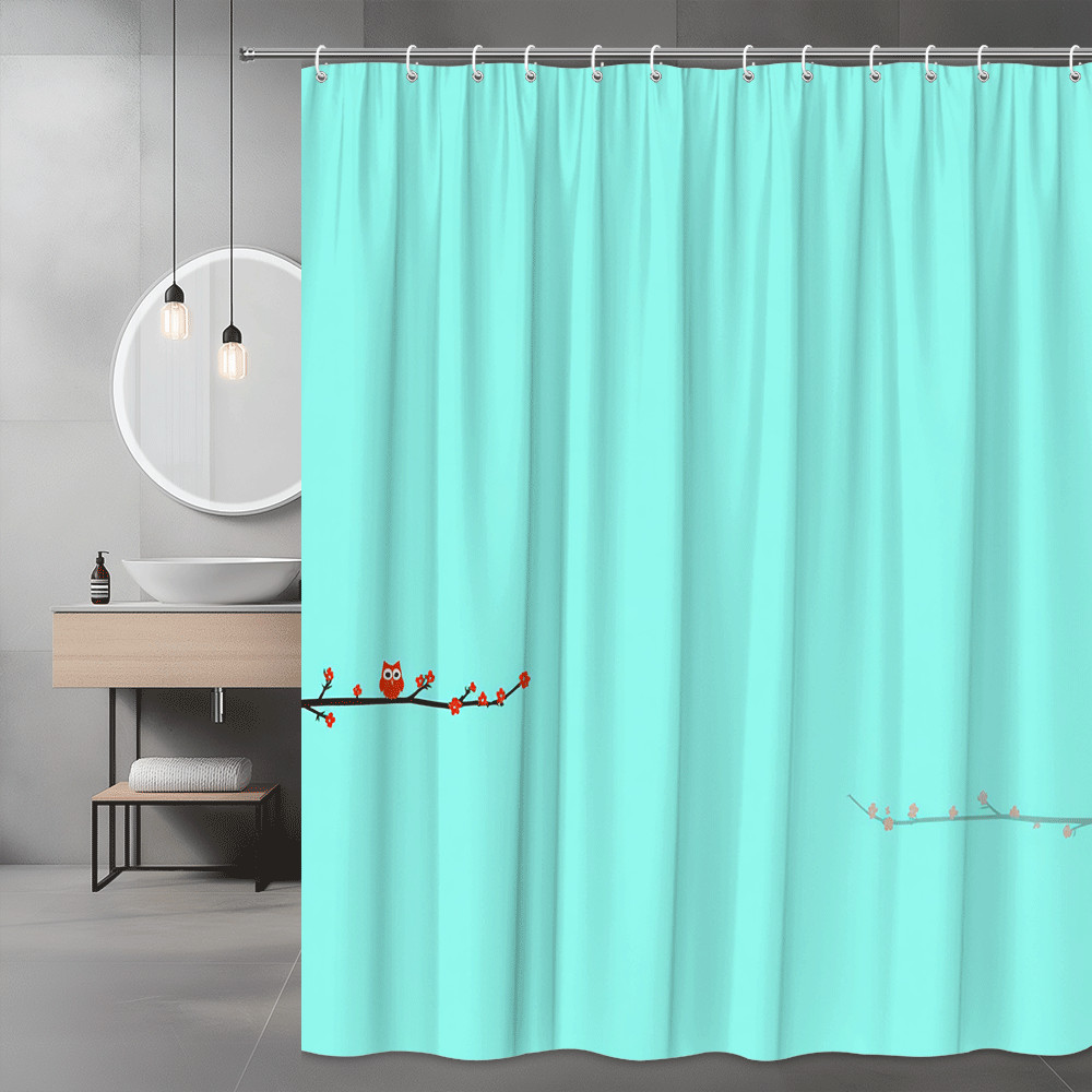 Owl Branch Print Shower Curtain Aqua Background