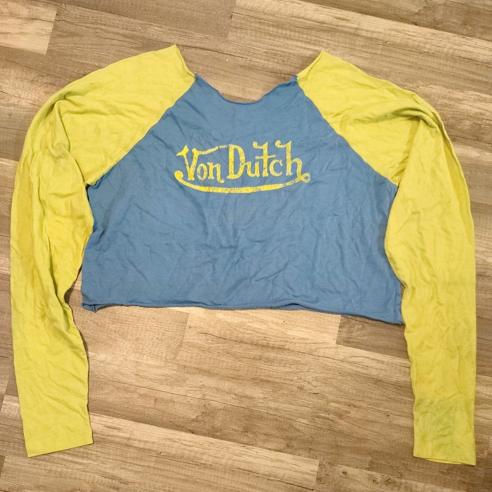 Von Dutch Adult Yellow Blue Long Sleeve Tee T Shirt 90s Y2K Croptop