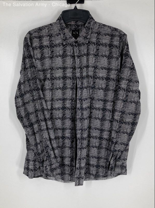 Armani Exchange Mens Black White Plaid Slim-Fit Button-Up Shirt Size X-Large
