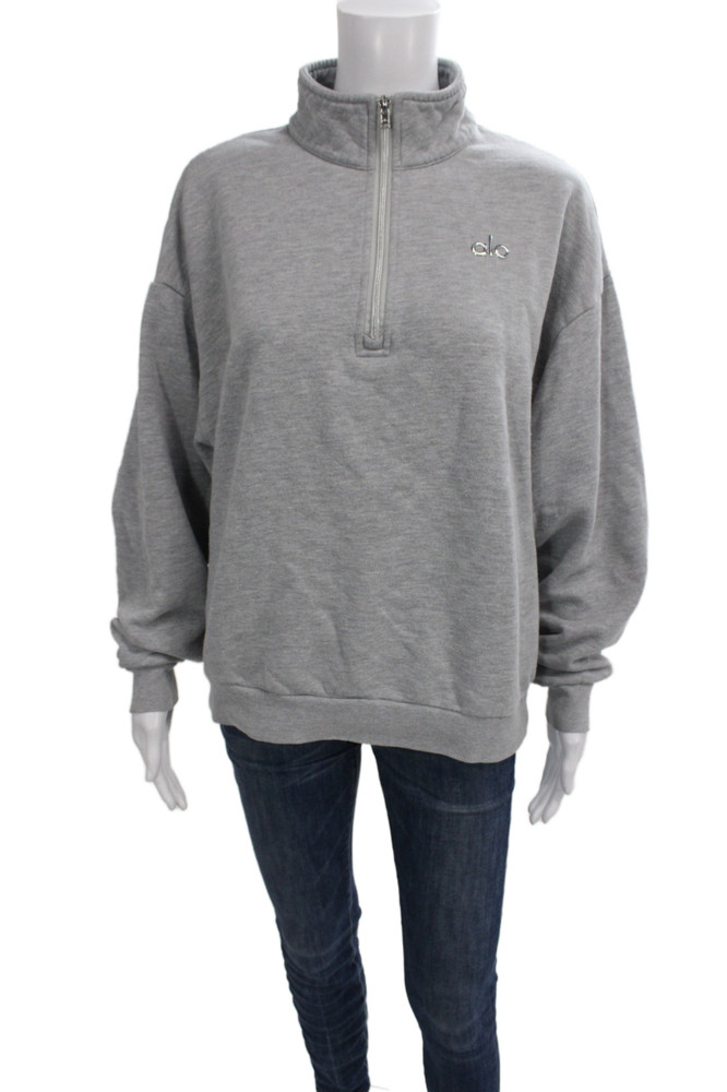 Alo Womens Pullover Sweatshirt Gray Mock Neck Zip Cotton Long Sleeve Size LFree Shipping in US $100+ Orders | $6.95 Orders Below