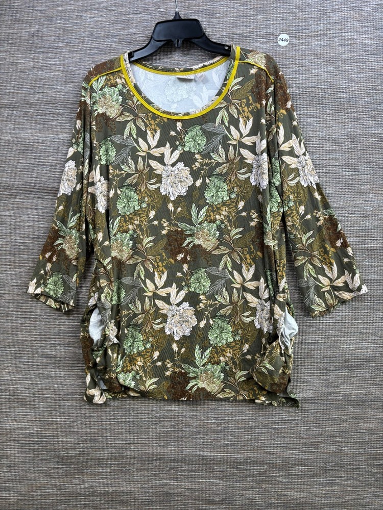 LOGO by Lori Goldstein Knit Floral Top Womens Size 2X Green Multi 3/4 Sleeve NEW