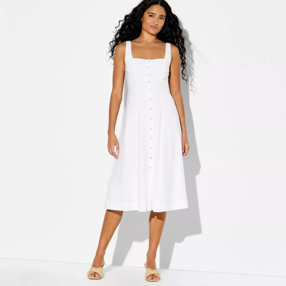 Women's Wild Fable Button-Front Midi A-Line Dress White Size XS