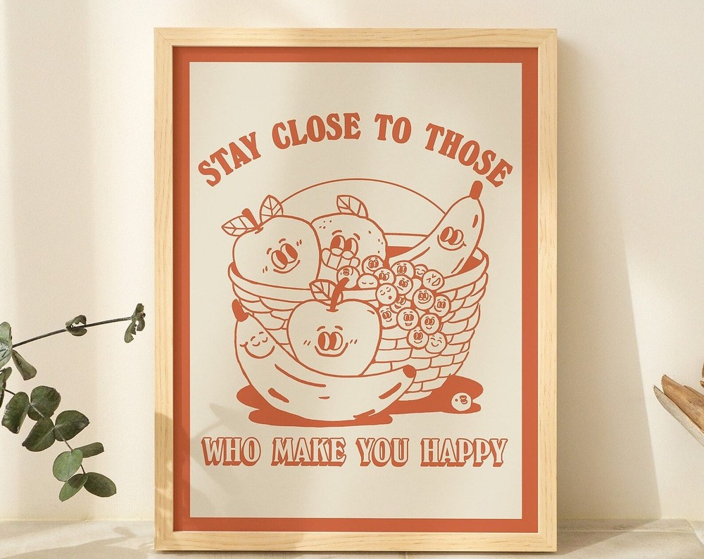Framed Retro Fruit Print Vintage Market Illustration Burnt Orange Wall Decor