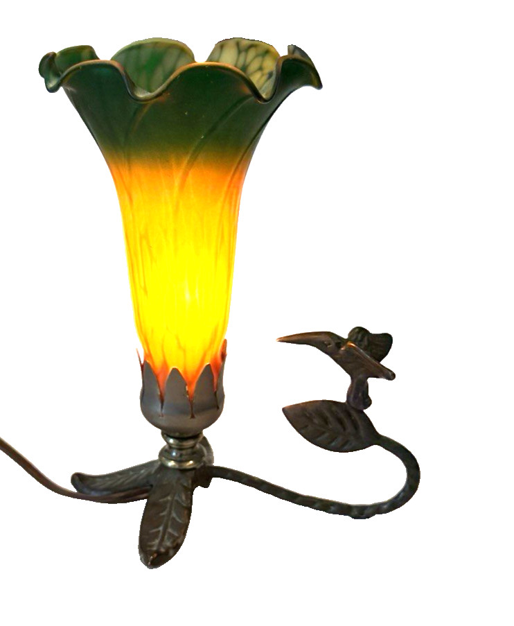 Vintage Tiffany Style Tulip Glass Lamp with Green Amber Shade Brass Bird Base 8