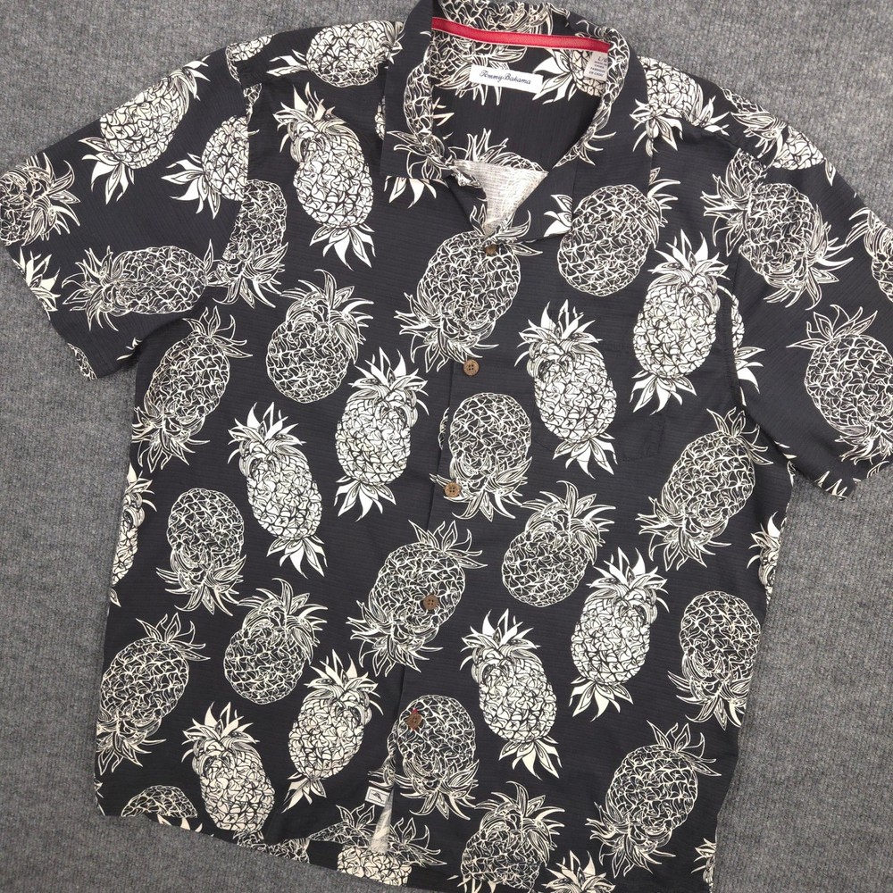 Tommy Bahama Silk Shirt Mens L Black White Pineapple Hawaiian Aloha Short Sleeve