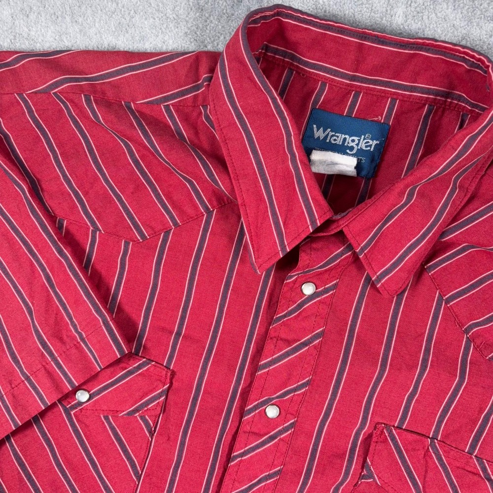 Wrangler Western Pearl Snap Shirt Mens 2XL Red Striped Short Sleeve Pointed Yoke