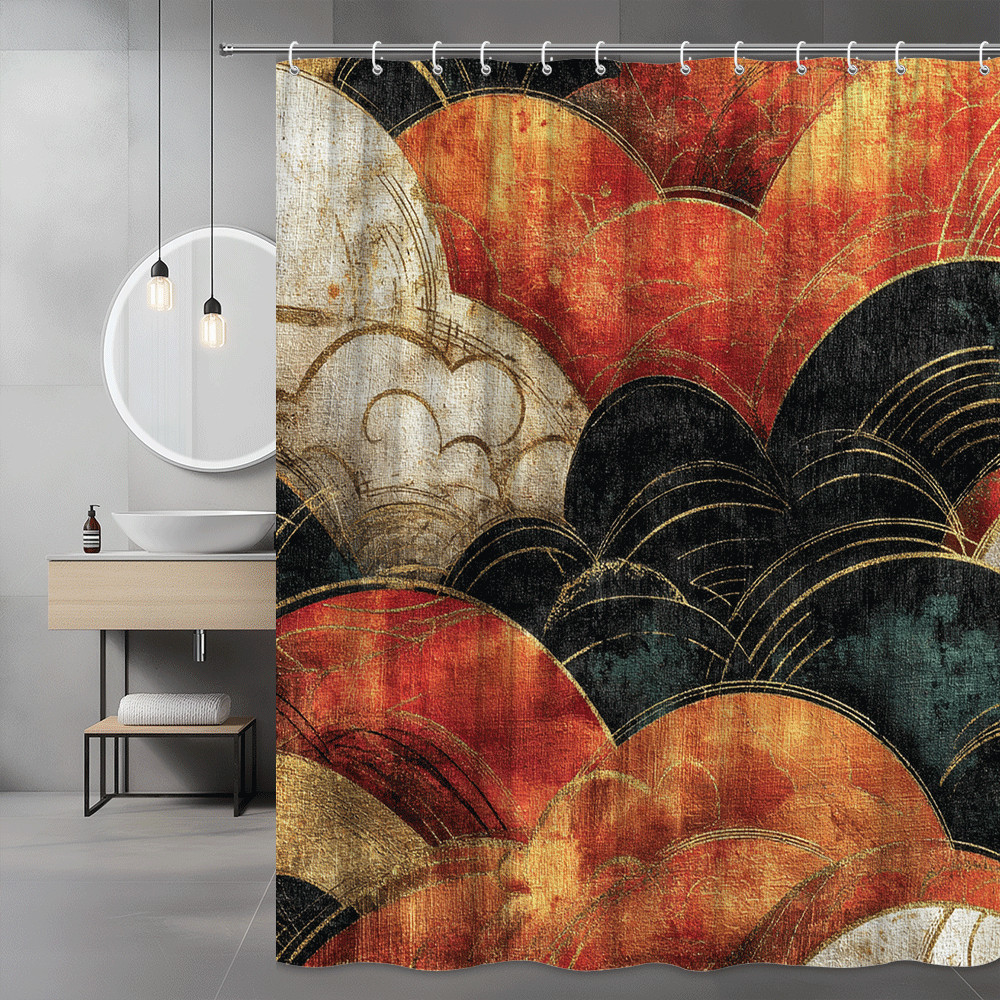 Japanese Wave Print Shower Curtain Black Red Gold Abstract