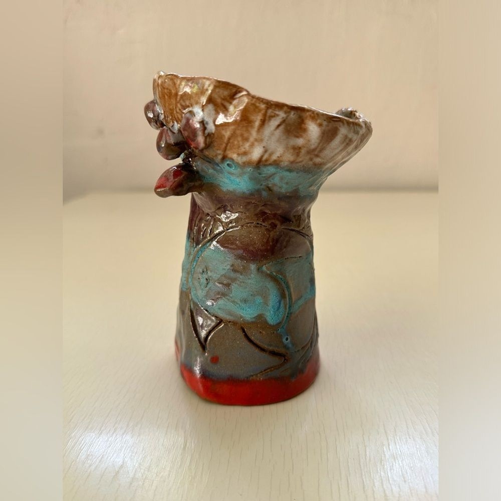 Folk Art Abstract Ceramic Vase Sculpture Naive Quirky Multicolor Whimsy Decor