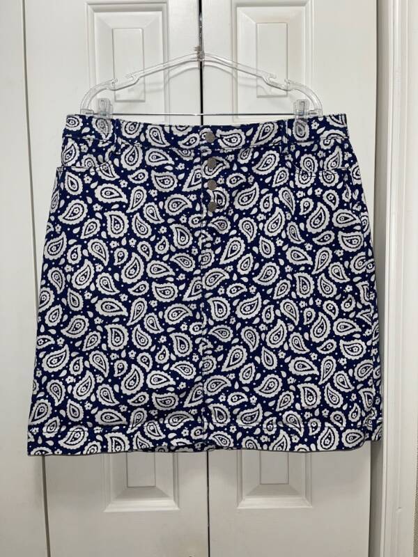 Women's TALBOTS Blue and White Denim Paisley Print A-Line Skirt-Size 14W-EUC