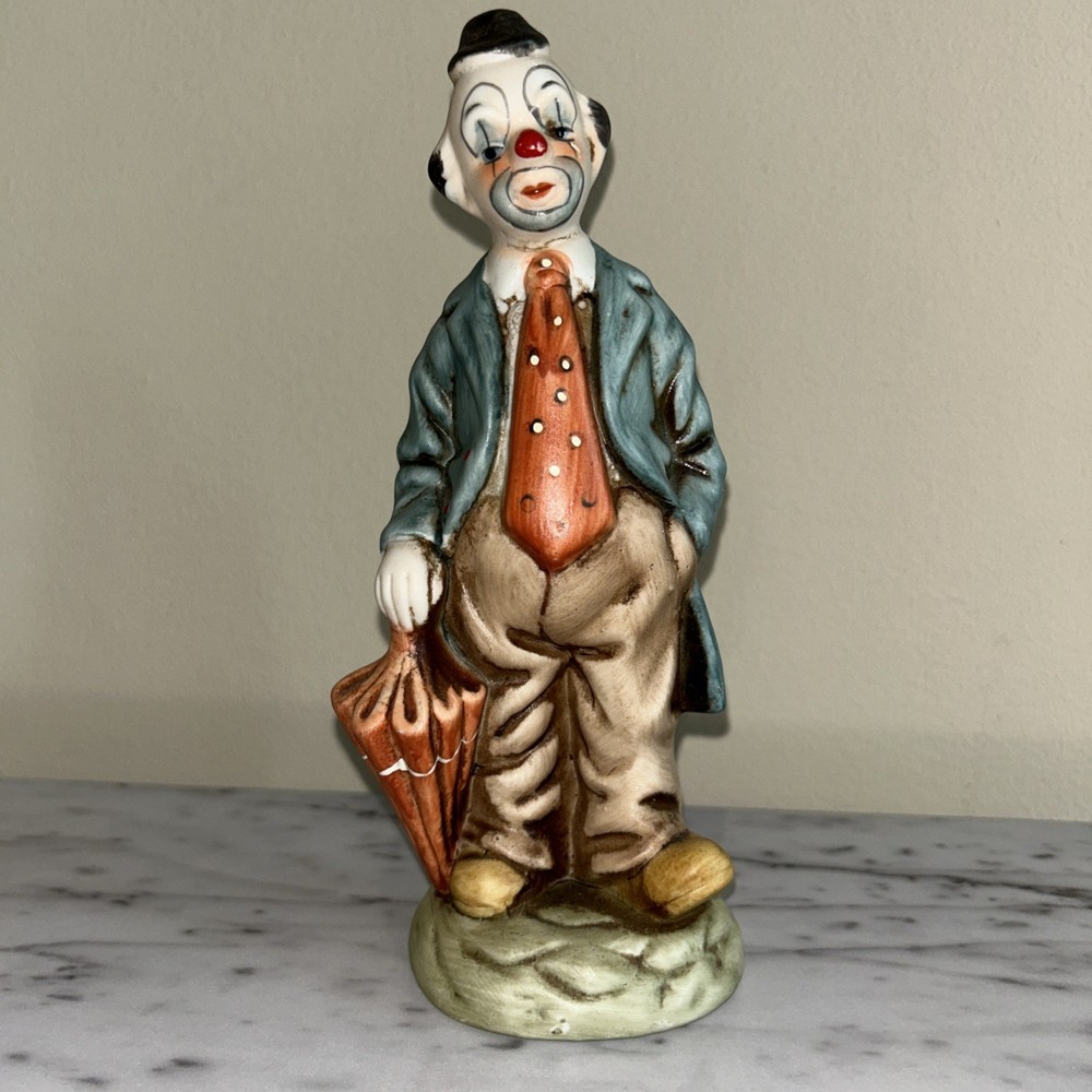 Vintage Ceramic Clown in Suit with Orange Multicolored Umbrella From Cedar Point