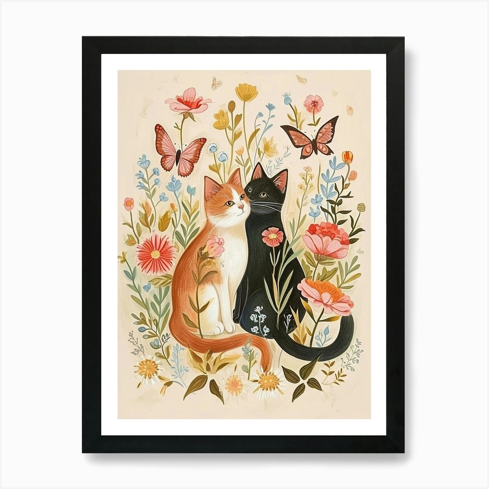 Folksy Floral Animal Drawing Cat 7  Framed Wall Art Poster Canvas Print Picture