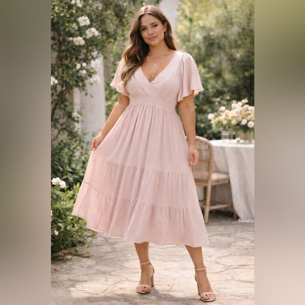 Baltic Born Blush Pink Midi Dress Flutter Sleeve Smocked Waist XXL