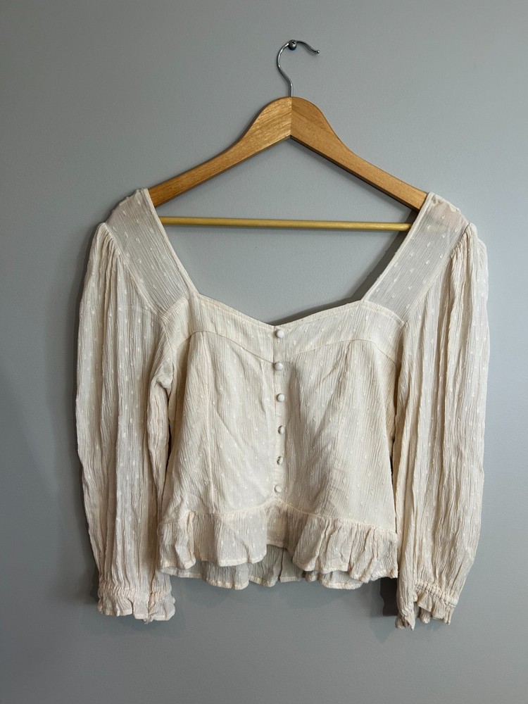 American Eagle Cotton Linen Button Design Square Neck Crop Puff Balloon Sleeve