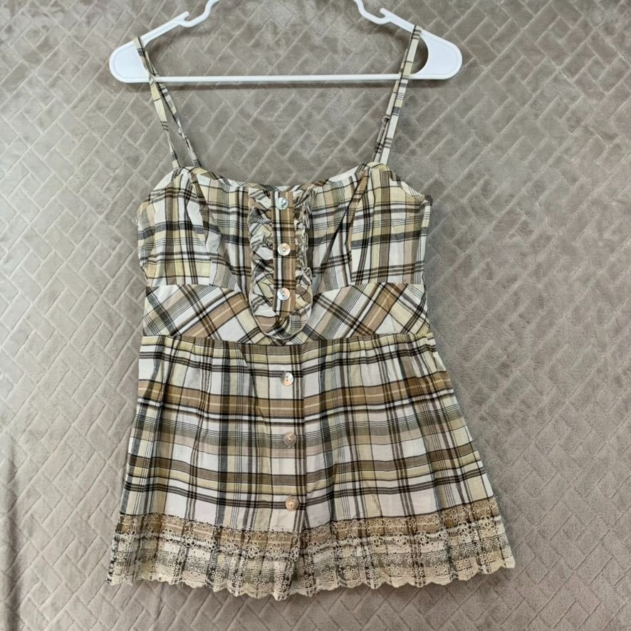 Zinc Tank Top Womens M Beige Plaid Sleeveless Cotton Lace Hem Ruffle Baby Doll