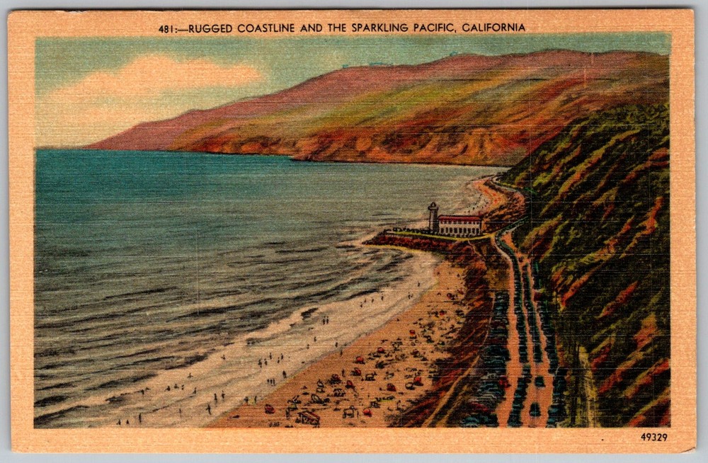 Vtg Linen Postcard Lighthouse Pier Beach California, US 1940s