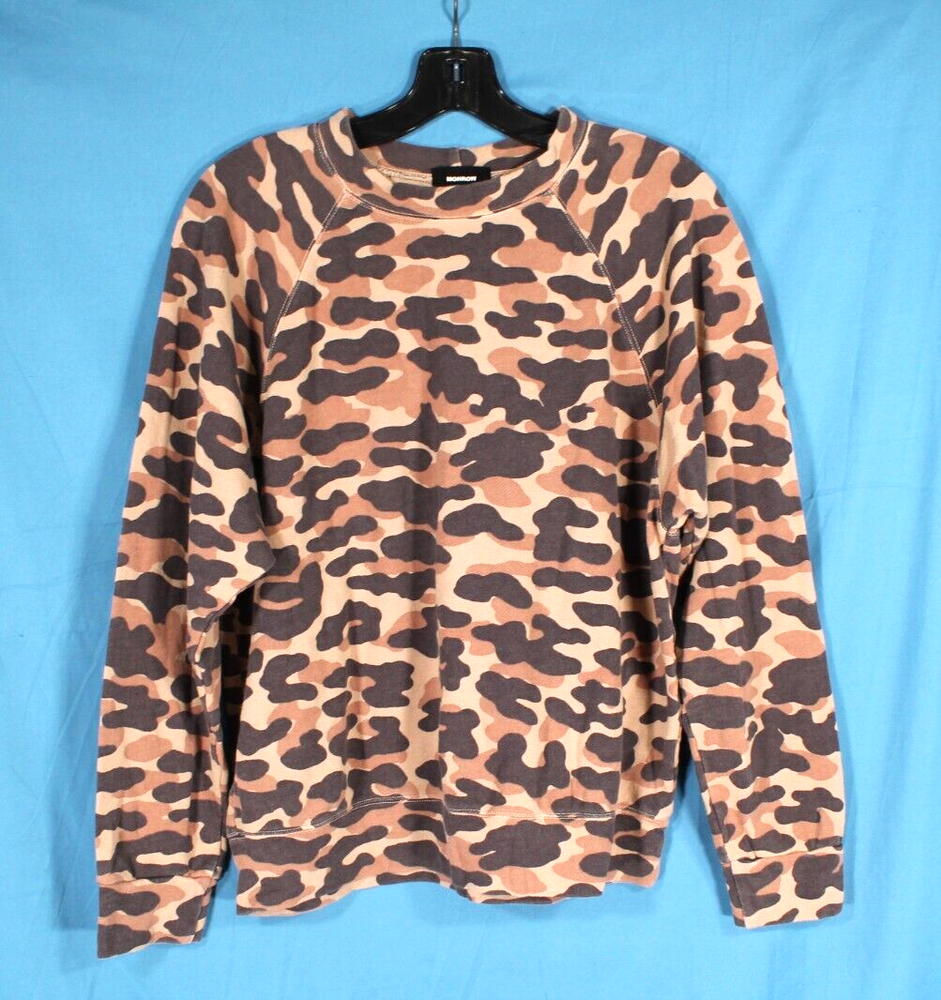 MONROW Brown/Tan CAMOUFLAGE PRINT Crew Neck PULLOVER Sweatshirt/Top Sz S