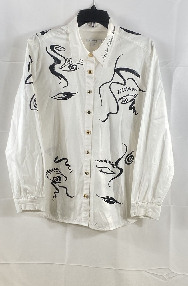 Chico's Women's White Abstract Face Graphic Button Up Blouse Stretch Sz 2.5 14-image