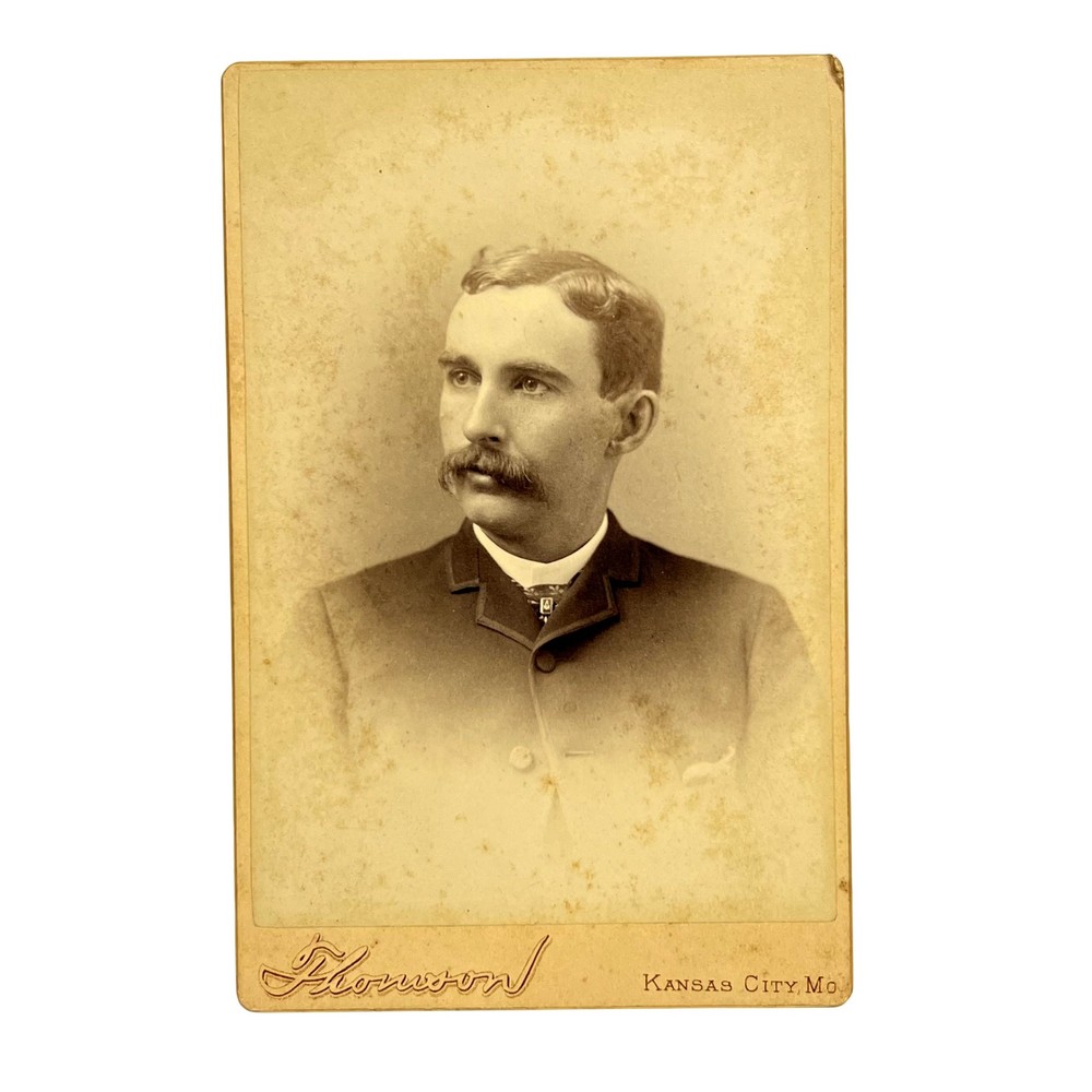 Vintage Flournoy Cabinet Card Photo Mustache Man Kansas City MO 4x6 Sepia
