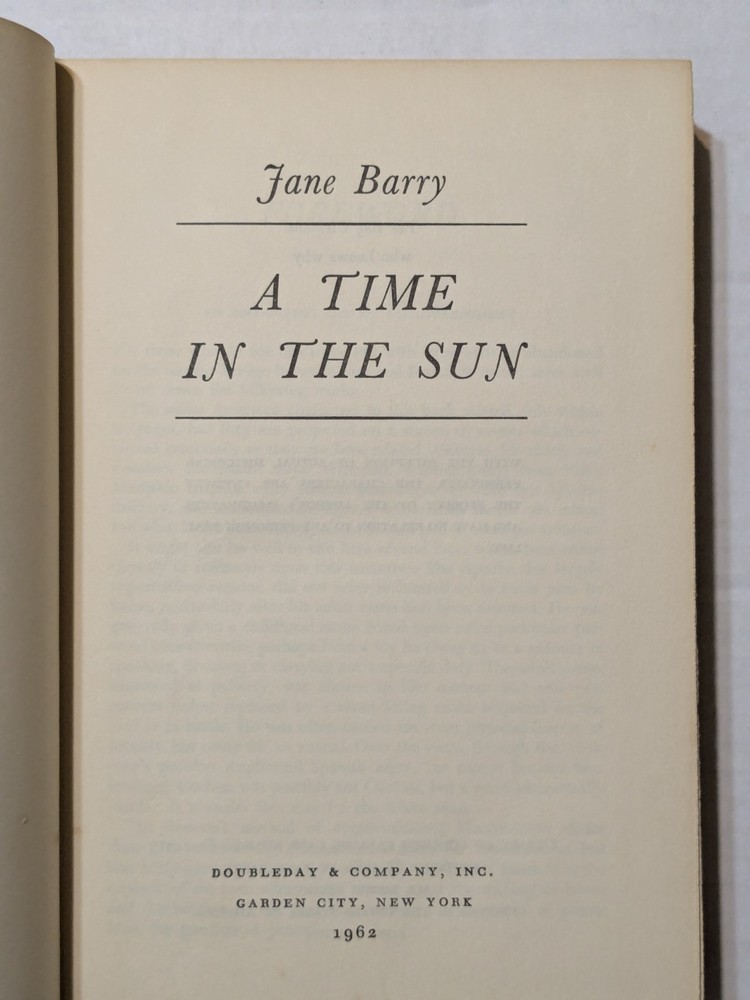 1962 - A Time in the Sun - Jane Barry - HC - First Edition - Excellent Condition