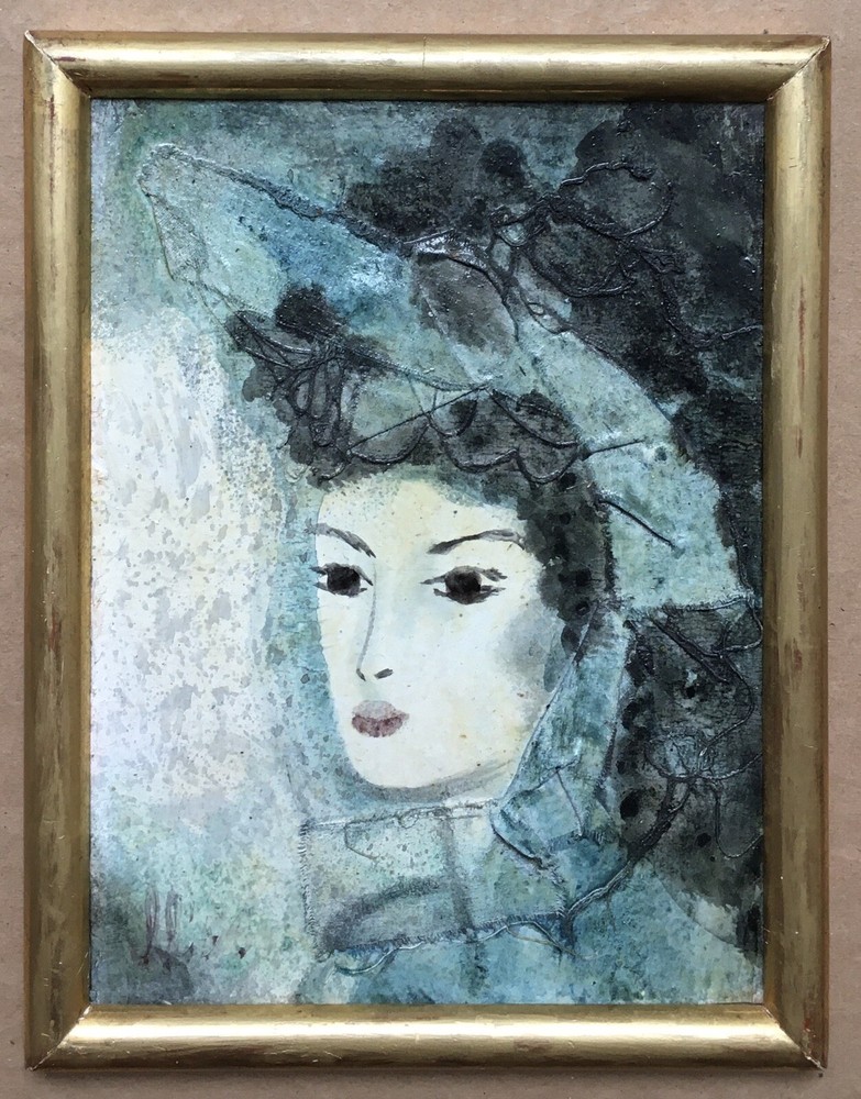 Painting and Fabric Portrait Woman Fashion Hat Green Signed Framed