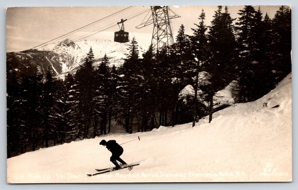RPPC~Franconia Notch New Hampshire~Cannon Mt Aerial Tramway~Skiing~1940s PC