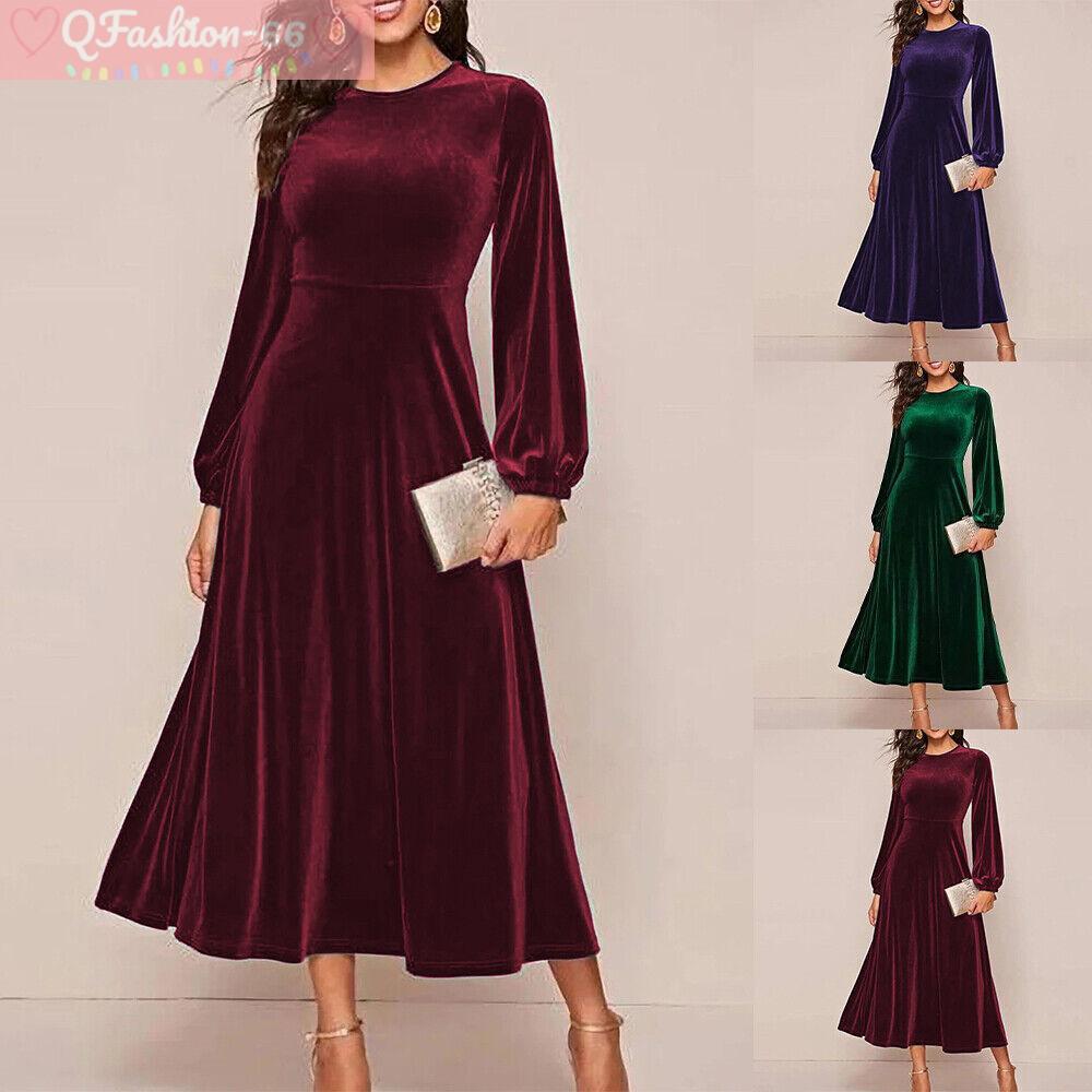 Womens Velvet Midi Dress Long Sleeve Evening Cocktail Christmas Party Ball Gown