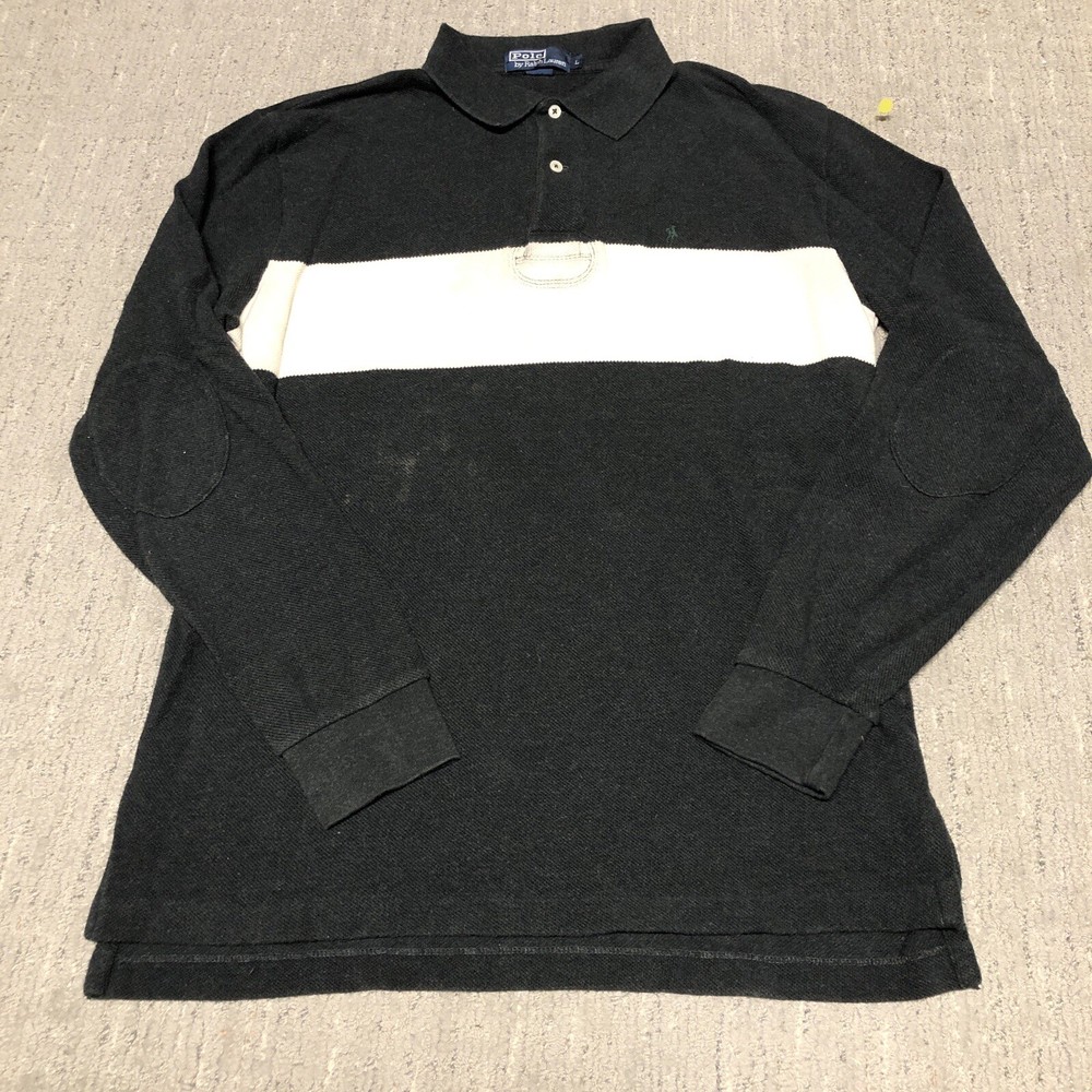 Polo Ralph Lauren Long Sleeve Rugby Polo Shirt Men L Grey White Stripe Elbow Pad