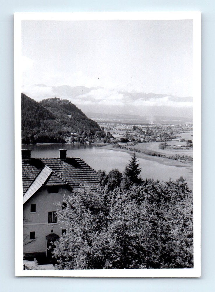 Old Vintage Photo LANDSCAPE MOUNTAIN TOWN VILLAGE BY LAKE ANTIQUE SNAPSHOT