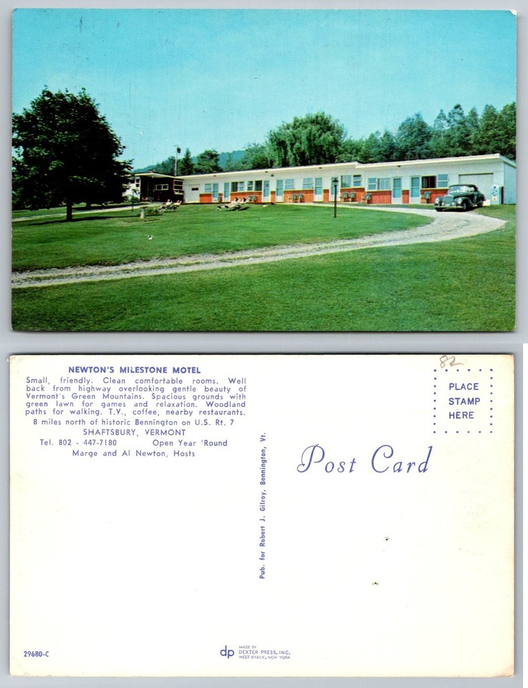Newton's Milestone Motel Shaftsbury VT Vintage Chrome Postcard 1950s/60s Car