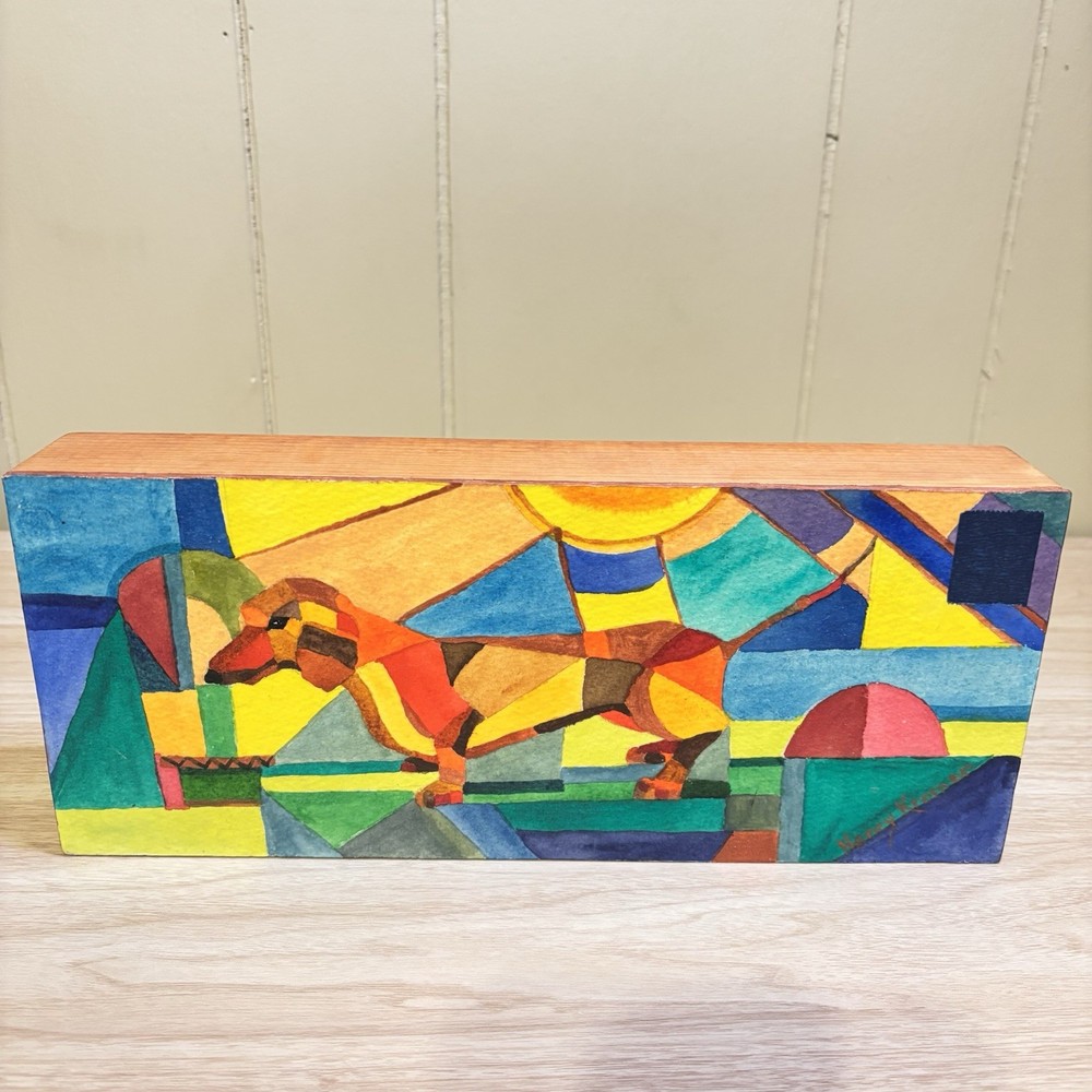Cubist Watercolor Painting Dachshund Dog On Wood Signed  By Nancy Kromer 12”x5”