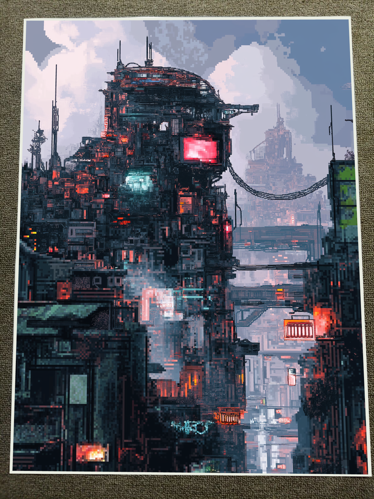 Cyberpunk Cityscape with Neon Lights and Futuristic Details Poster 18x24in