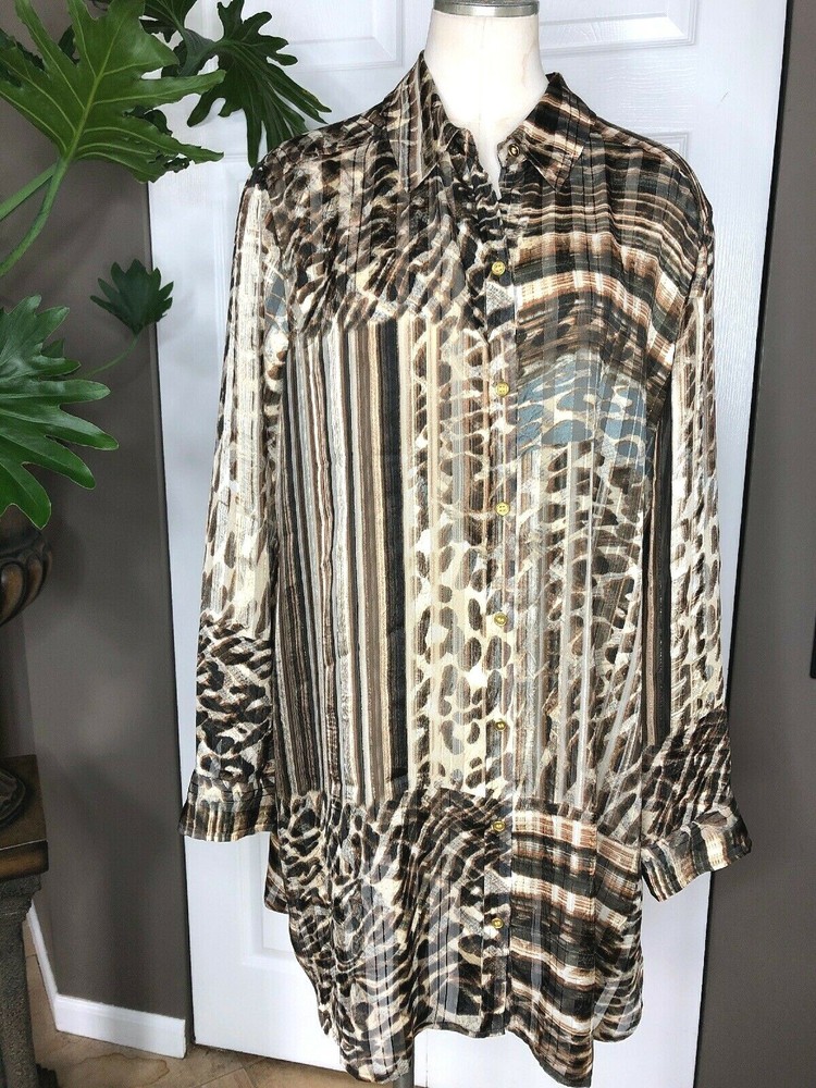 Chicos Womens 3 Brown Striped Animal Print Button Front Long Sleeve Tunic Top O