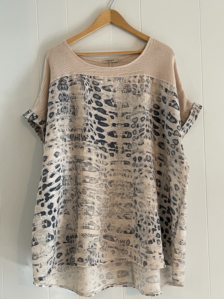 Lungo L’Arno Womens Leopard Print Linen Top Short Sleeve Sz 3X Made In Italy