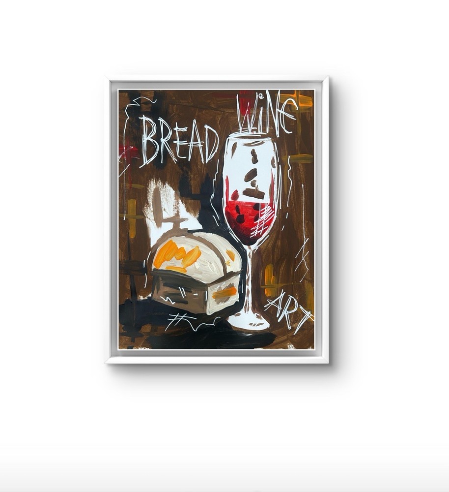Original Abstract Wine Bread Painting 14x11 paper Modern Wall Art Home Decor New