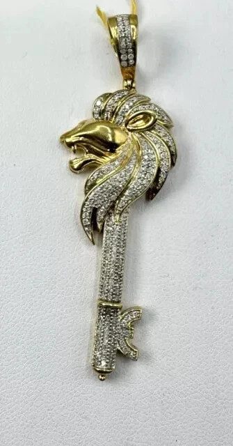 2.00 Ct Round Cut Moissanite LION king head KEY Pendant 14K Yellow Gold Plated