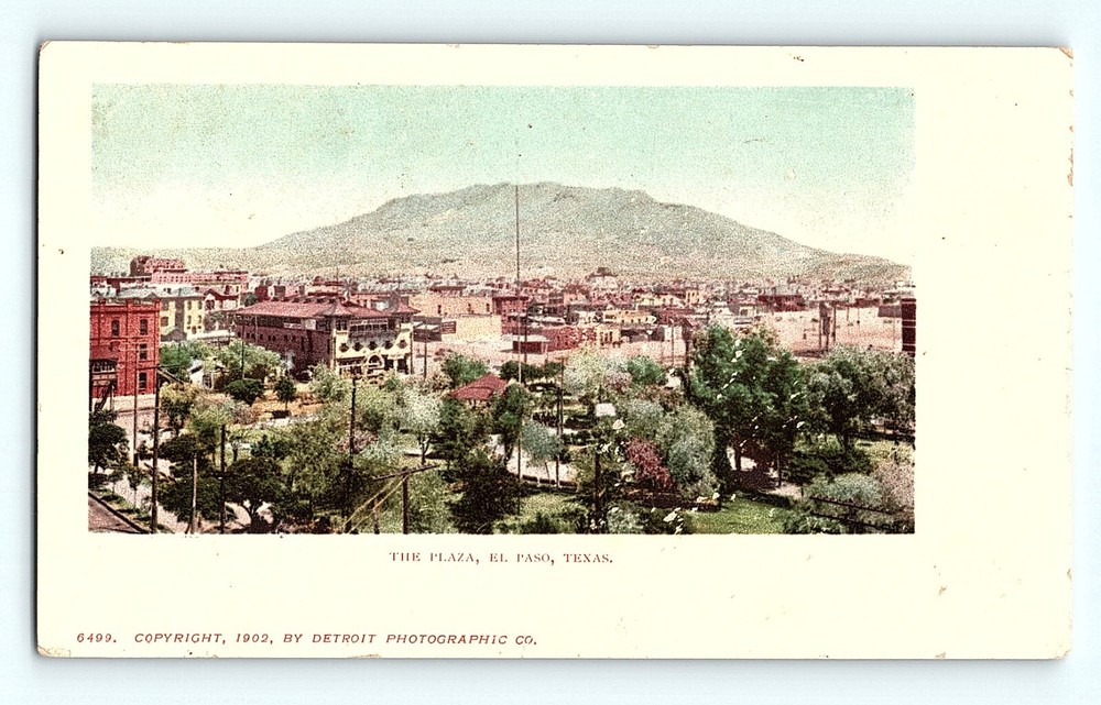 The Plaza Old El Paso Texas Birdseye View Mountain Backgroun Vintage Postcard D2